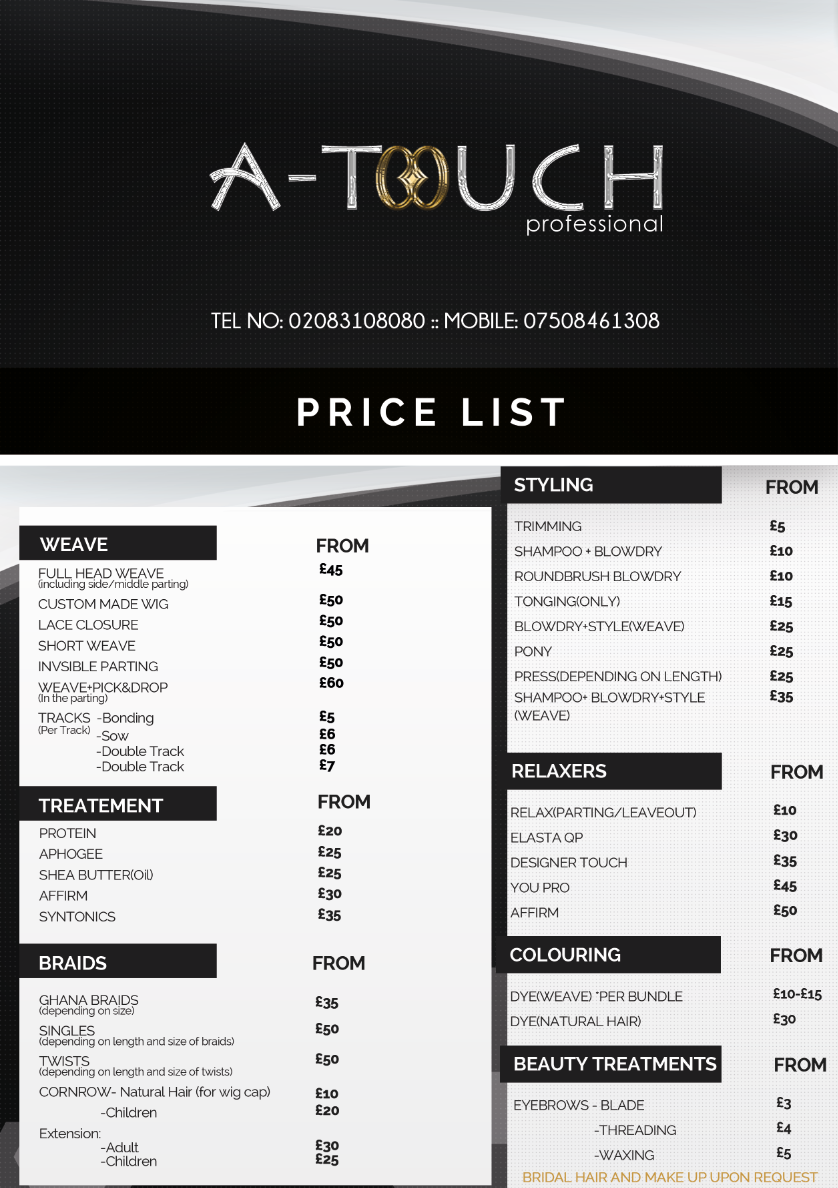 Price List Hair Salon - Vive Designs